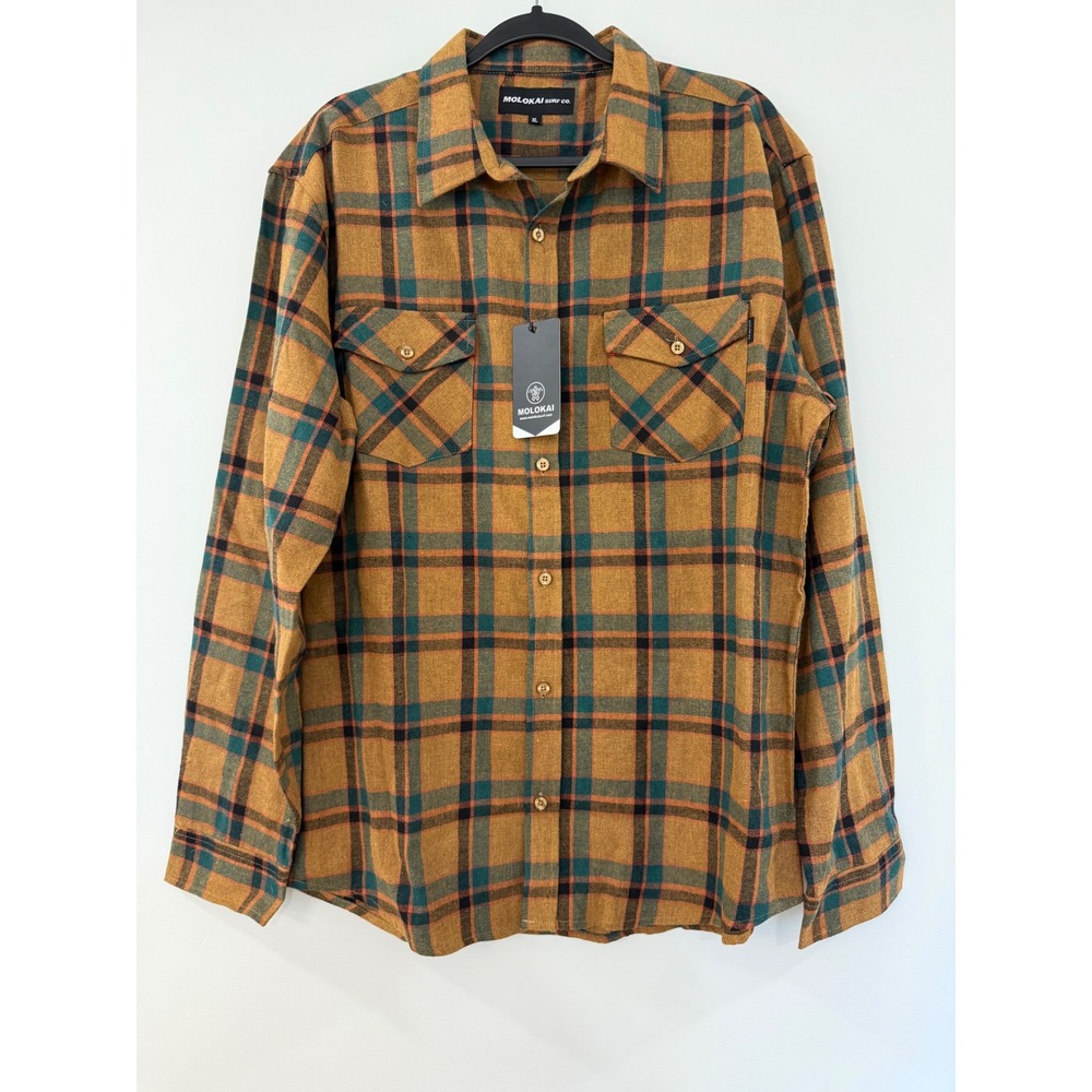 Molokai Surf Co Mens XL Plaid Flannel Button Down Shirt Brown Teal Long Sleeve